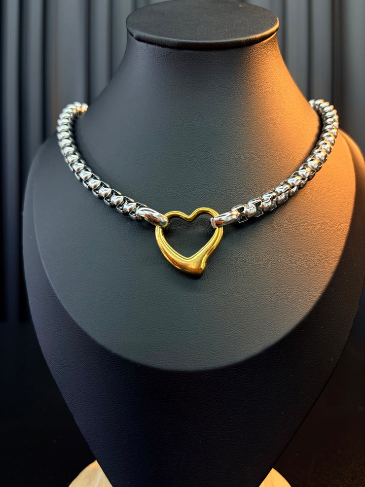 Collar de Corazon Doble Tono