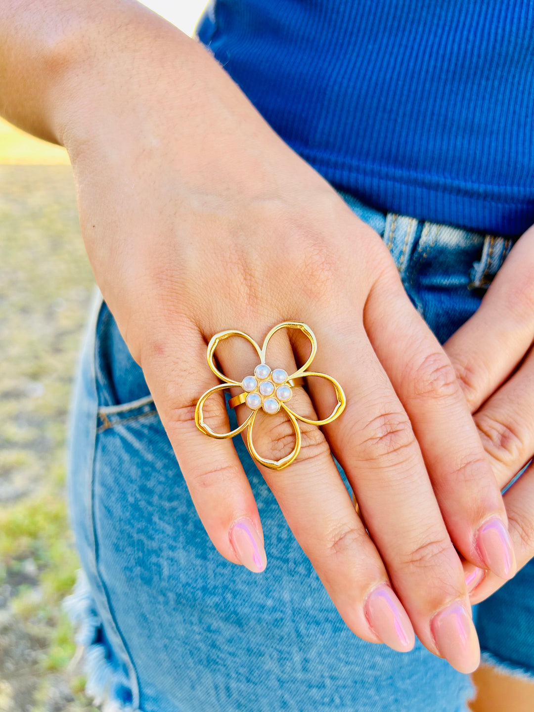 Sortija de Flor con Perlas