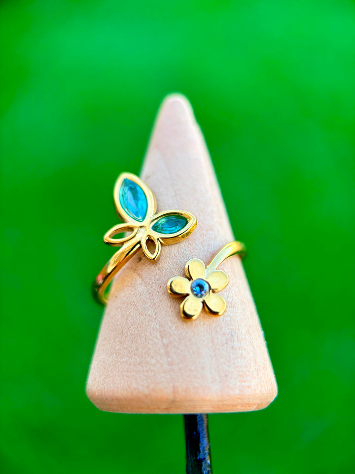 Sortija de Mariposa y Flor Azul